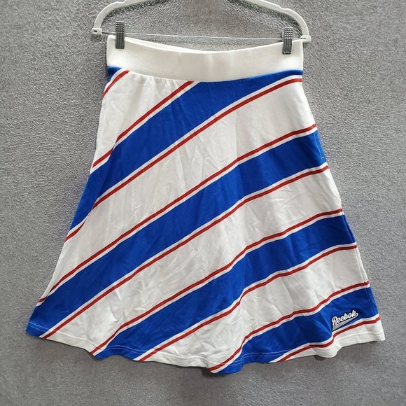 Reebok Women Skirt Large White Blue Striped Midi A-Line Embroidered Logo Pockets - Picture 1 of 7